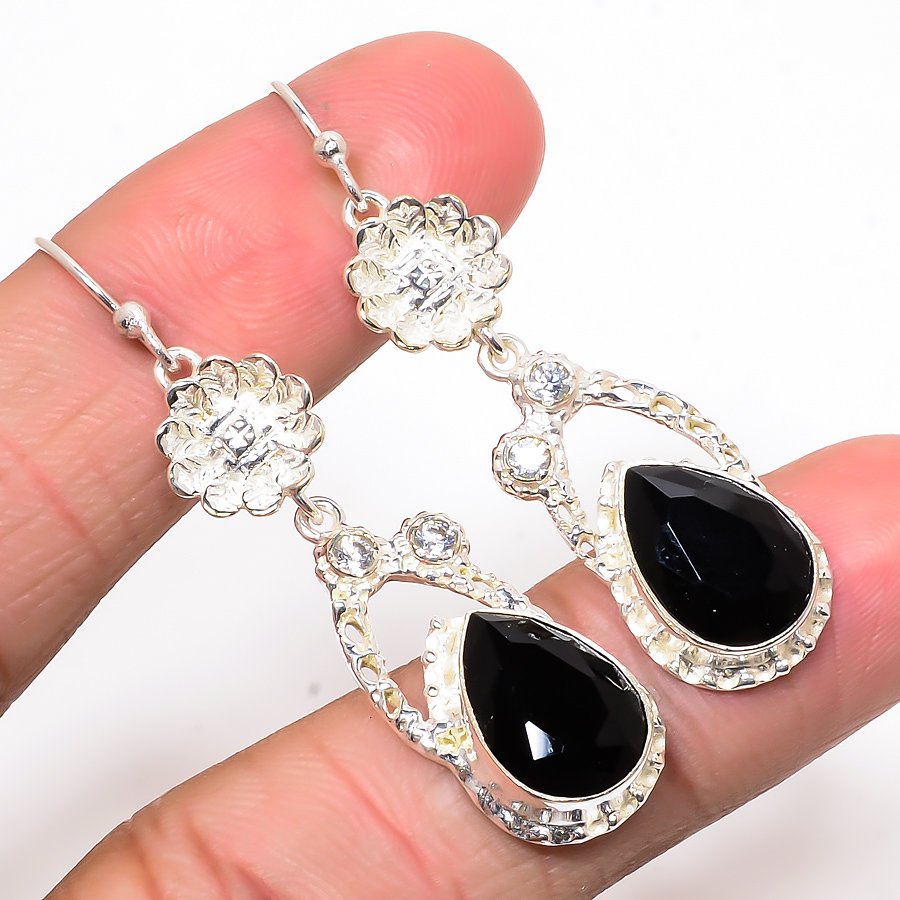 Black Onyx & Topaz 925 Sterling Silver Flower Earring, Drop Dangle Earring, Gift For Her, Pear Earring, Black Earring, Silver Jewelry Earring