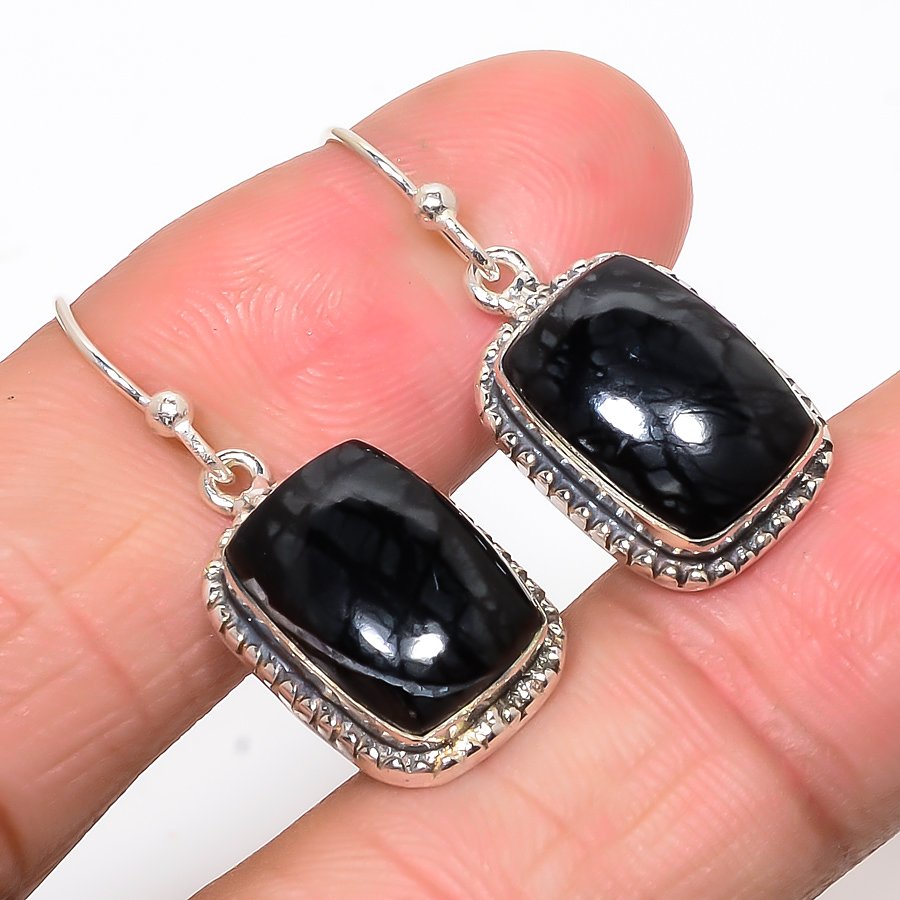 Picasso Jasper Vintage Style 925 Sterling Silver Jewelry Earring, Drop Dangle Earring, Gift For Her, Cushion Earring, Black Earring, Silver Jewelry Earring