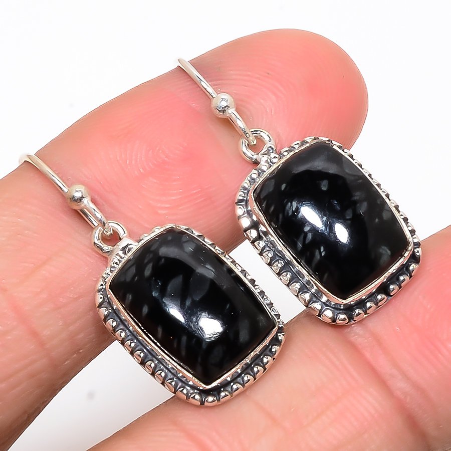 Picasso Jasper 925 Sterling Silver Vintage Style Earring, Drop Dangle Earring, Gift For Her, Cushion Earring, Black Earring, Silver Jewelry Earring