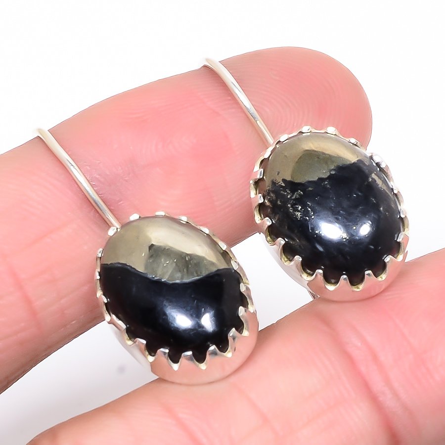 Magnetite In Pyrite 925 Sterling Silver Jewelry Earring, Drop Dangle Earring, Gift For Her, Oval Earring, Black Earring, Silver Jewelry Earring