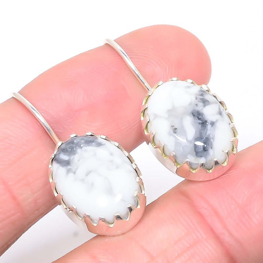 American Howlite 925 Sterling Silver Jewelry Earring, Drop Dangle Earring, Gift For Her, Oval Earring, White Earring, Silver Jewelry Earring