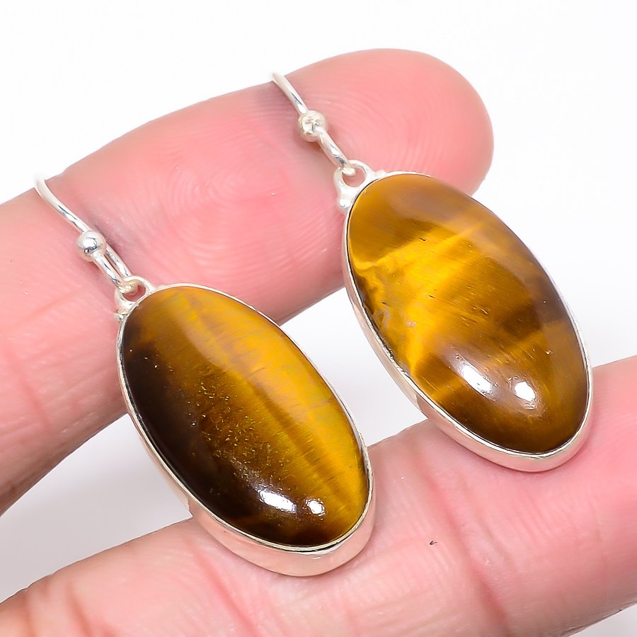 Thai Tiger'S Eye 925 Sterling Silver Jewelry Earring, Drop Dangle Earring, Gift For Her, Oval Earring, Yellow Earring, Silver Jewelry Earring