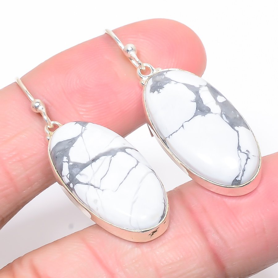 American Howlite 925 Sterling Silver Jewelry Earring, Drop Dangle Earring, Gift For Her, Oval Earring, White Earring, Silver Jewelry Earring