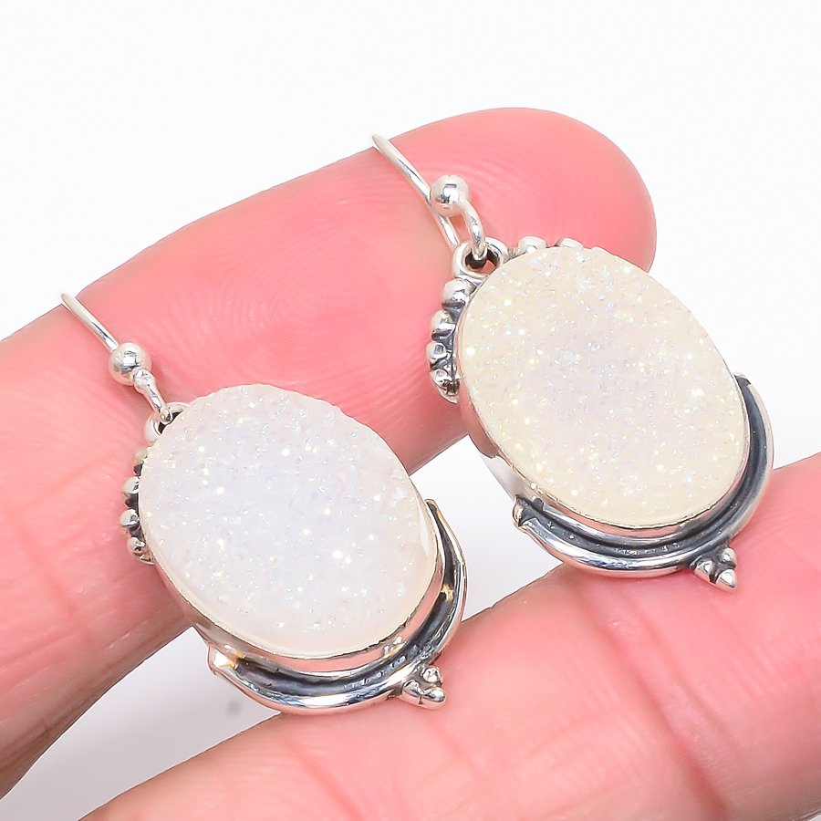 Opalite Titanium Drusy 925 Sterling Silver Jewelry Earring, Drop Dangle Earring, Gift For Her, Oval Earring, White Earring, Silver Jewelry Earring