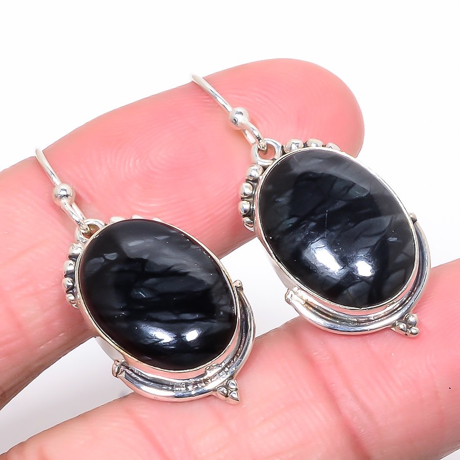 Picasso Jasper 925 Sterling Silver Earring, Drop Dangle Earring, Gift For Her, Oval Earring, Black Earring, Silver Jewelry Earring