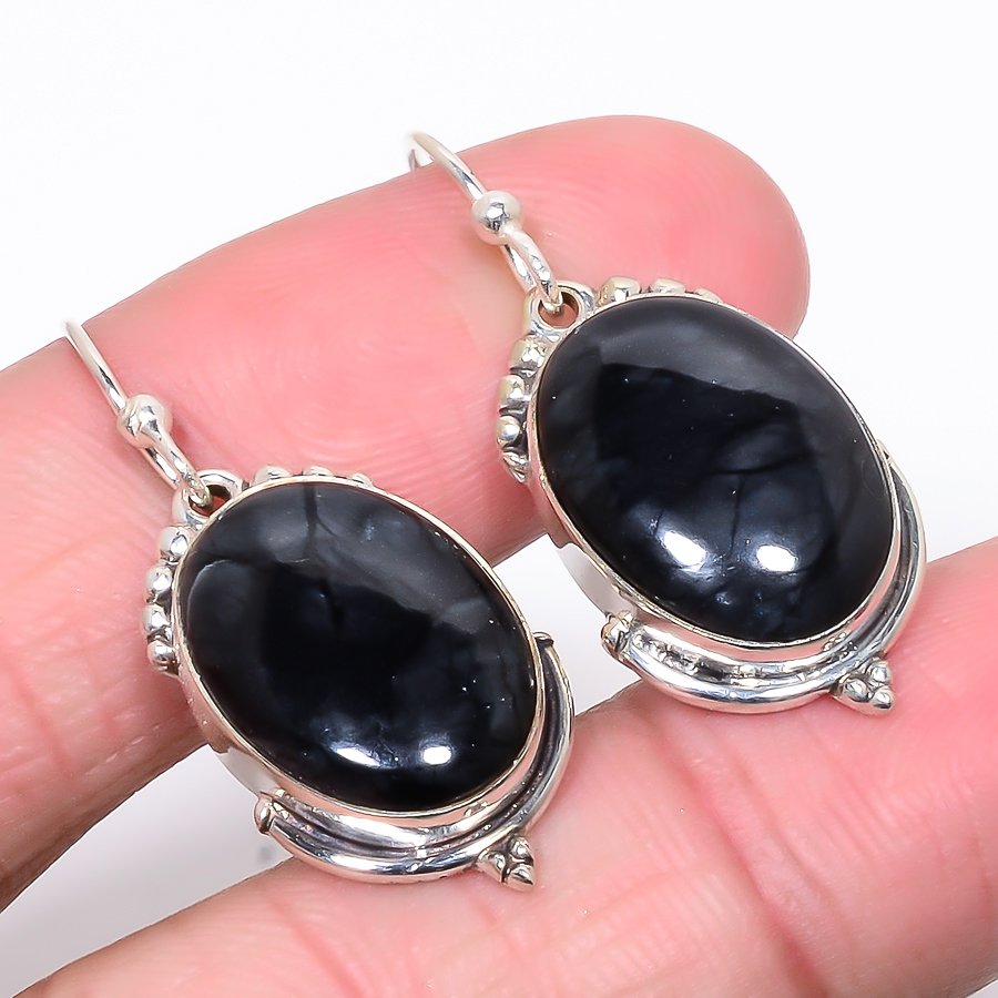 Picasso Jasper 925 Sterling Silver Earring, Drop Dangle Earring, Gift For Her, Oval Earring, Black Earring, Silver Jewelry Earring