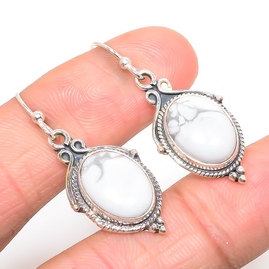 American Howlite 925 Sterling Silver Vintage Style Earring, Drop Dangle Earring, Gift For Her, Oval Earring, White Earring, Silver Jewelry Earring