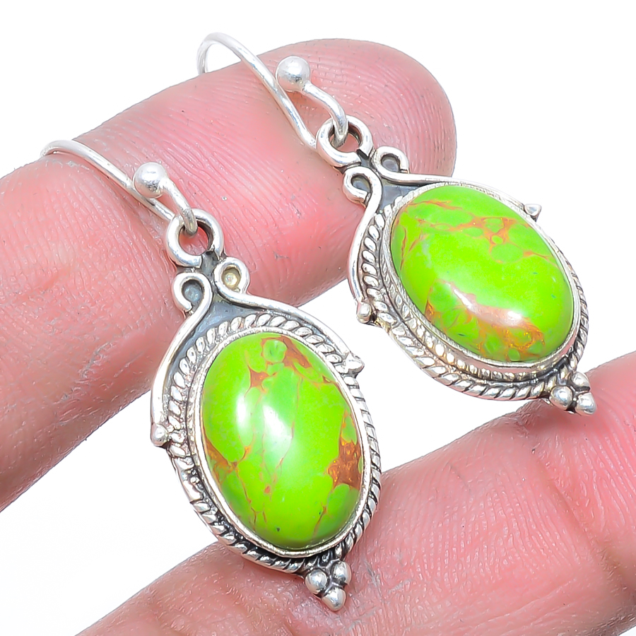 Copper Green Turquoise 925 Sterling Silver Jewelry Earring, Drop Dangle Earring, Gift For Her, Oval Earring, Green Earring, Silver Jewelry Earring