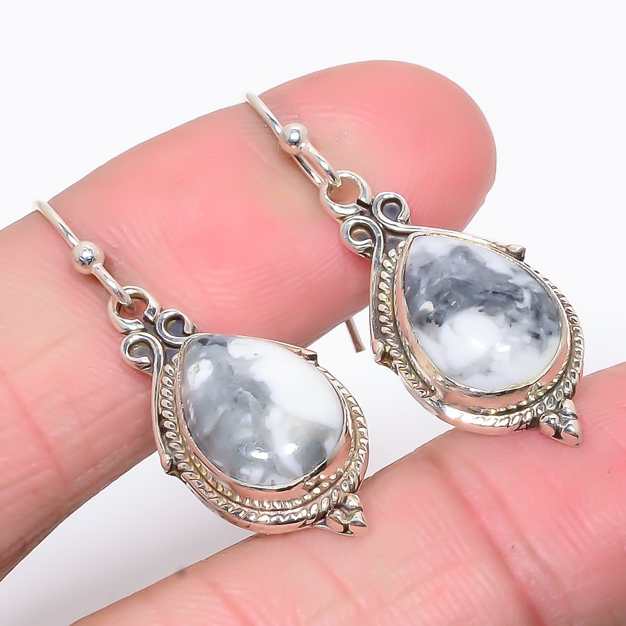 American Howlite 925 Sterling Silver Earring, Drop Dangle Earring, Gift For Her, Oval Earring, White Earring, Silver Jewelry Earring