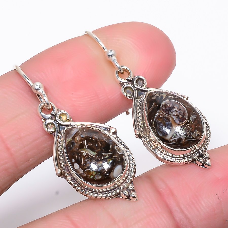 Turritella Fossil 925 Sterling Silver Earring, Drop Dangle Earring, Gift For Her, Oval Earring, Brown Earring, Silver Jewelry Earring