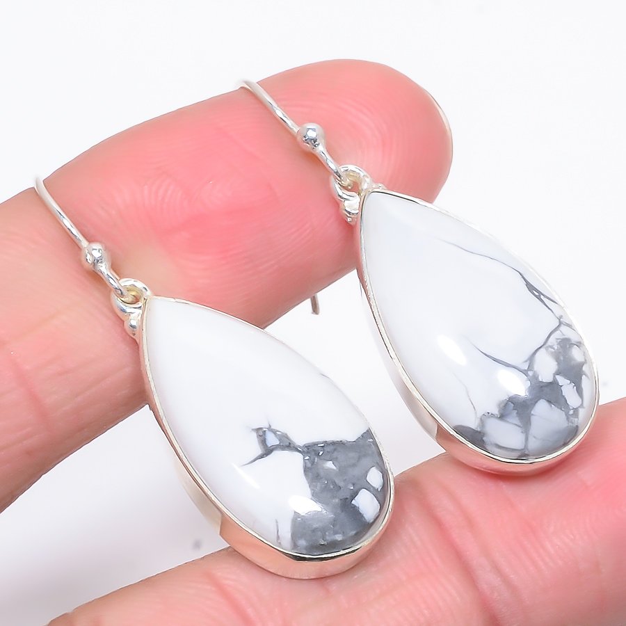 American Howlite 925 Sterling Silver Earring, Drop Dangle Earring, Gift For Her, Pear Earring, White Earring, Silver Jewelry Earring