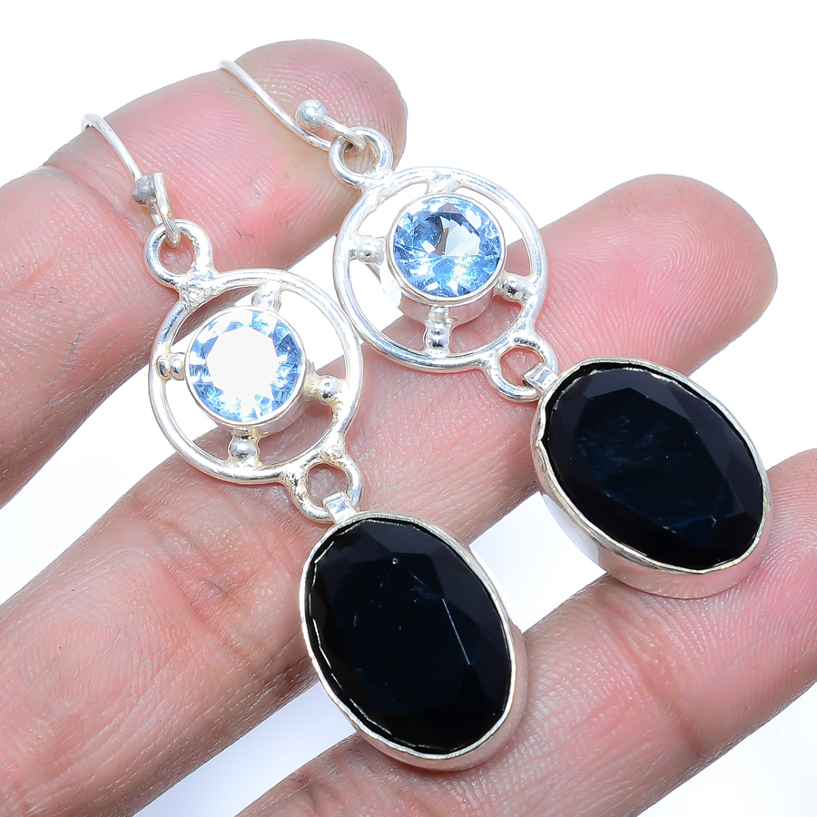 Black Onyx & Tanzanite Quartz 925 Silver Earring 2.29" UE583-39