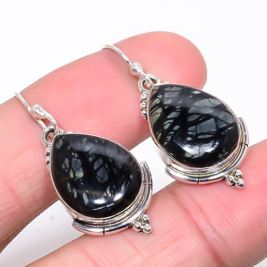 Picasso Jasper 925 Sterling Silver Earring, Drop Dangle Earring, Gift For Her, Pear Earring, Black Earring, Silver Jewelry Earring