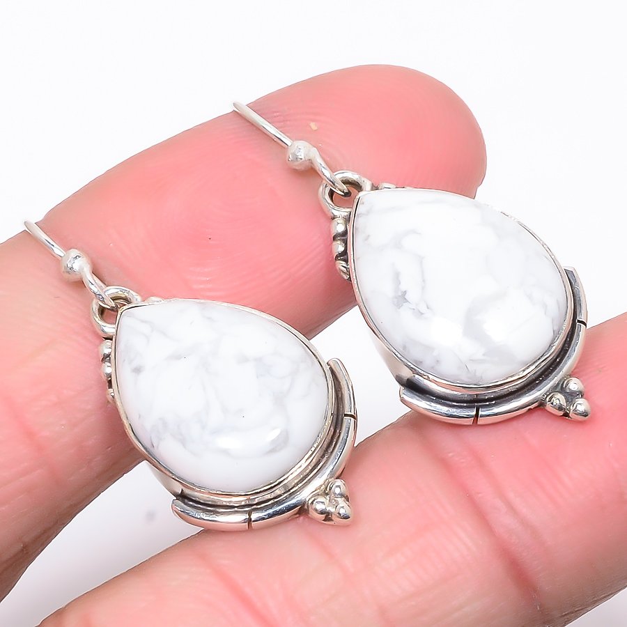 American Howlite 925 Sterling Silver Earring, Drop Dangle Earring, Gift For Her, Pear Earring, White Earring, Silver Jewelry Earring
