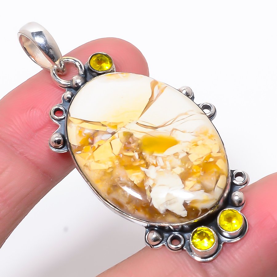 Brecciated Mookaite & Lemon Topaz 925 Sterling Silver Pendant, Handmade Pendant, Oval Pendant, Yellow Pendant, Unique Silver Pendant, Fine Pendant, Silver Jewelry Pendant