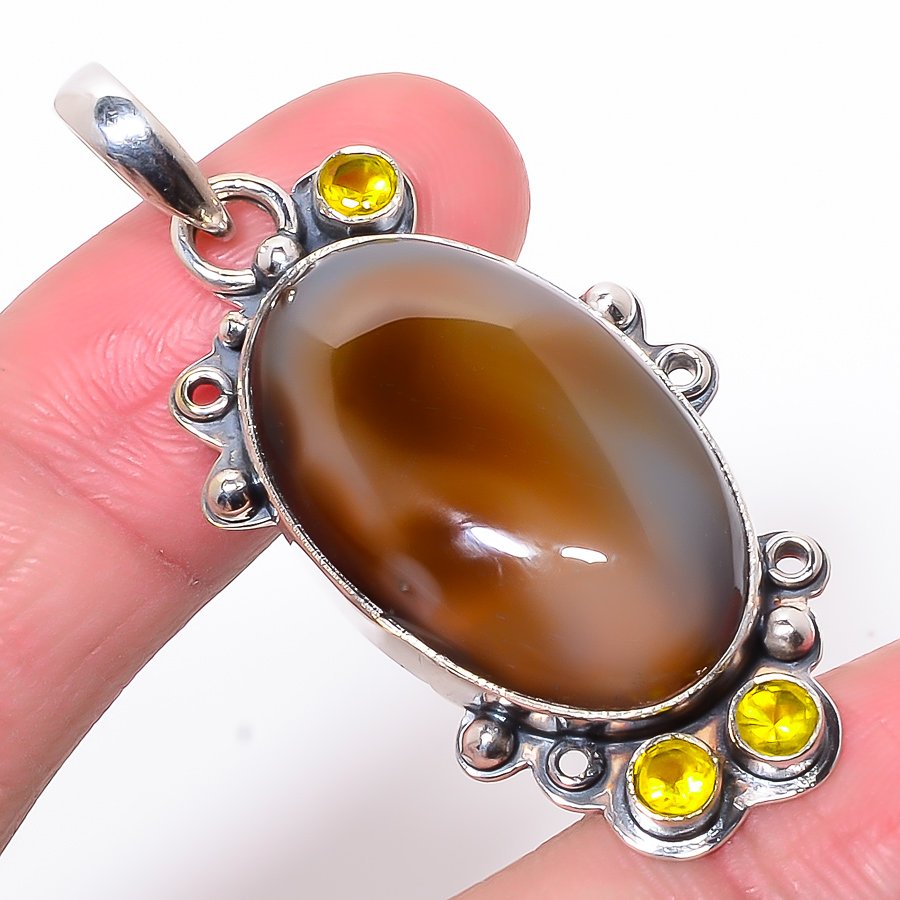 Botswana Smoky Agate & Lemon Topaz 925 Sterling Silver Pendant, Handmade Pendant, Oval Pendant, Brown Pendant, Unique Silver Pendant, Fine Pendant, Silver Jewelry Pendant