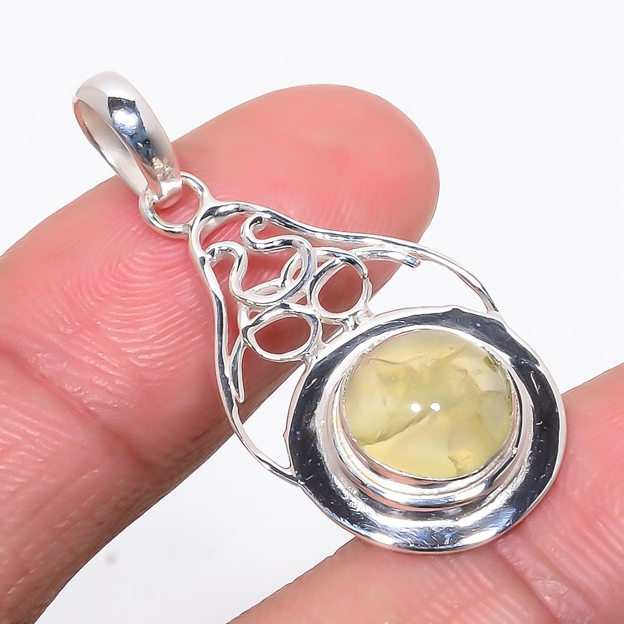 Prehnite 925 Sterling Silver Pendant, Handmade Pendant, Round Pendant, Green Pendant, Unique Silver Pendant, Fine Pendant, Silver Jewelry Pendant
