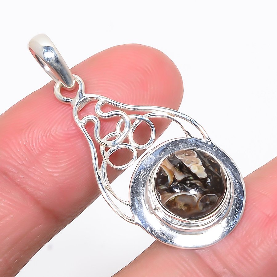 Turritella Fossil Agate 925 Sterling Silver Pendant, Handmade Pendant, Round Pendant, Brown Pendant, Unique Silver Pendant, Fine Pendant, Silver Jewelry Pendant