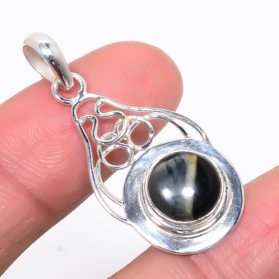 Picasso Jasper 925 Sterling Silver Pendant, Handmade Pendant, Round Pendant, Black Pendant, Unique Silver Pendant, Fine Pendant, Silver Jewelry Pendant