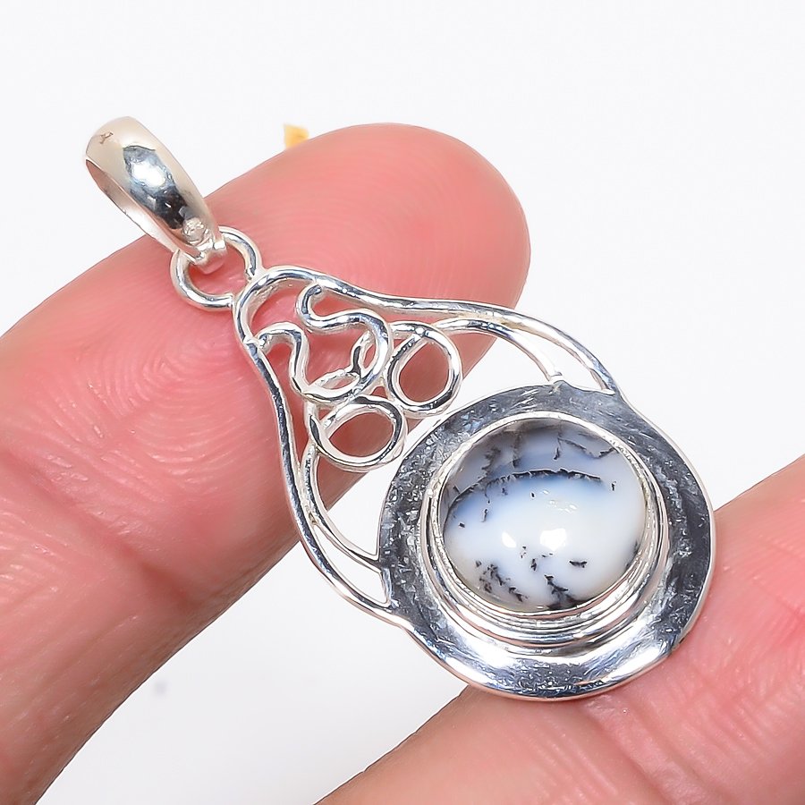 Dendritic Opal 925 Sterling Silver Pendant, Handmade Pendant, Round Pendant, White Pendant, Unique Silver Pendant, Fine Pendant, Silver Jewelry Pendant