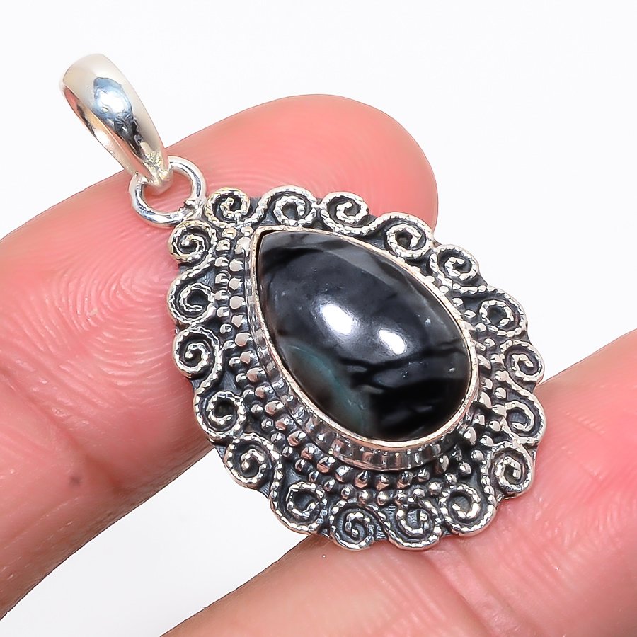 Picasso Jasper 925 Sterling Silver Pendant, Handmade Pendant, Pear Pendant, Black Pendant, Unique Silver Pendant, Fine Pendant, Silver Jewelry Pendant