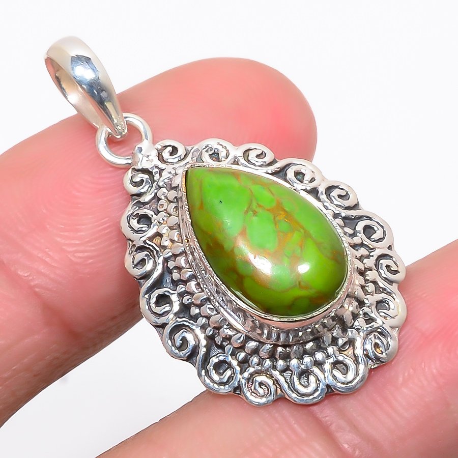 Copper Green Turquoise Silver Vintaage Pendant, Handmade Pendant, Pear Pendant, Green Pendant, Unique Silver Pendant, Fine Pendant, Silver Jewelry Pendant