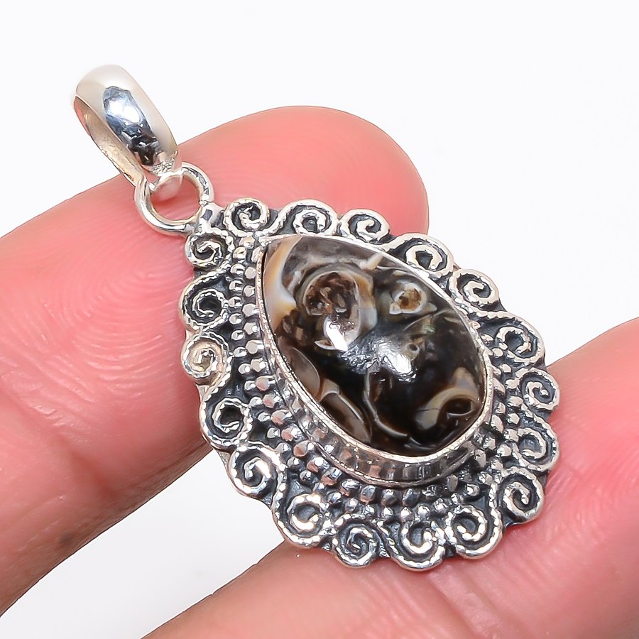 Turritella Fossil Agate Silver Vintaage Pendant, Handmade Pendant, Pear Pendant, Brown Pendant, Unique Silver Pendant, Fine Pendant, Silver Jewelry Pendant