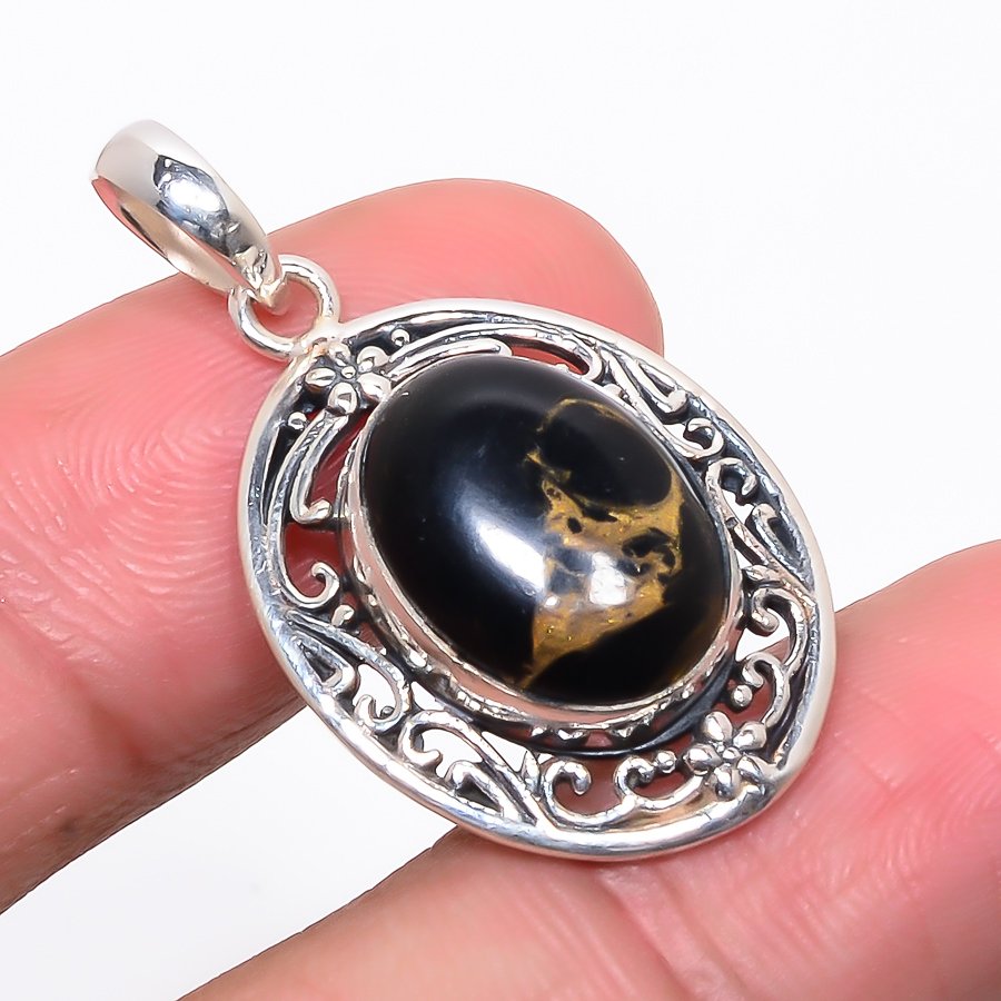 Copper Black Turquoise 925 Sterling Silver Pendant, Handmade Pendant, Oval Pendant, Black Pendant, Unique Silver Pendant, Fine Pendant, Silver Jewelry Pendant