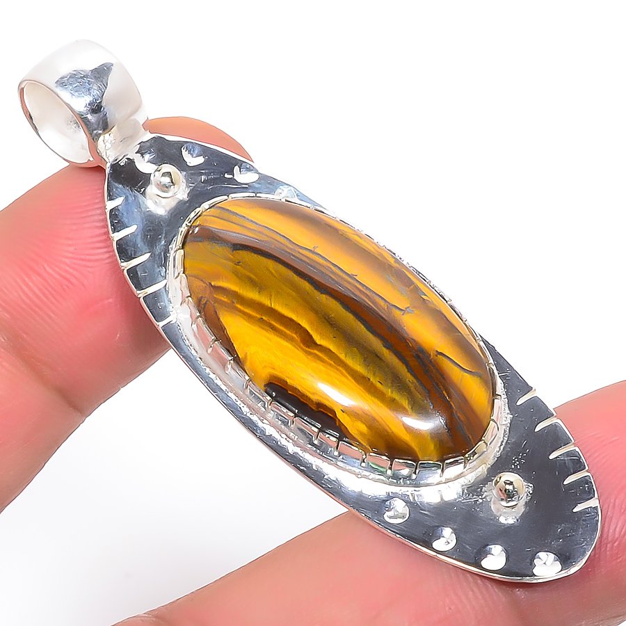 Yellow Tiger Eye 925 Sterling Silver Pendant, Handmade Pendant, Oval Pendant, Yellow Pendant, Unique Silver Pendant, Fine Pendant, Silver Jewelry Pendant