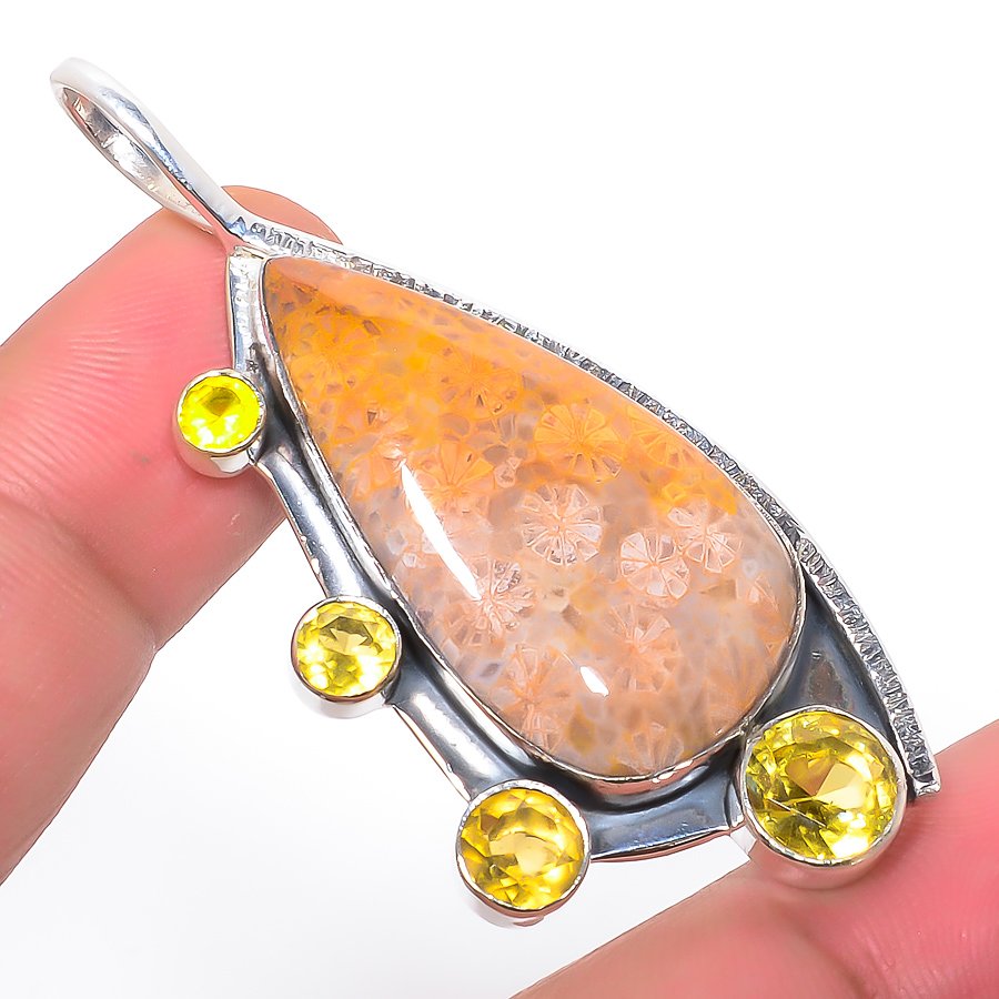 Fossil Coral & Lemon Topaz 925 Sterling Silver Pendant, Handmade Pendant, Pear Pendant, Yellow Pendant, Unique Silver Pendant, Fine Pendant, Silver Jewelry Pendant