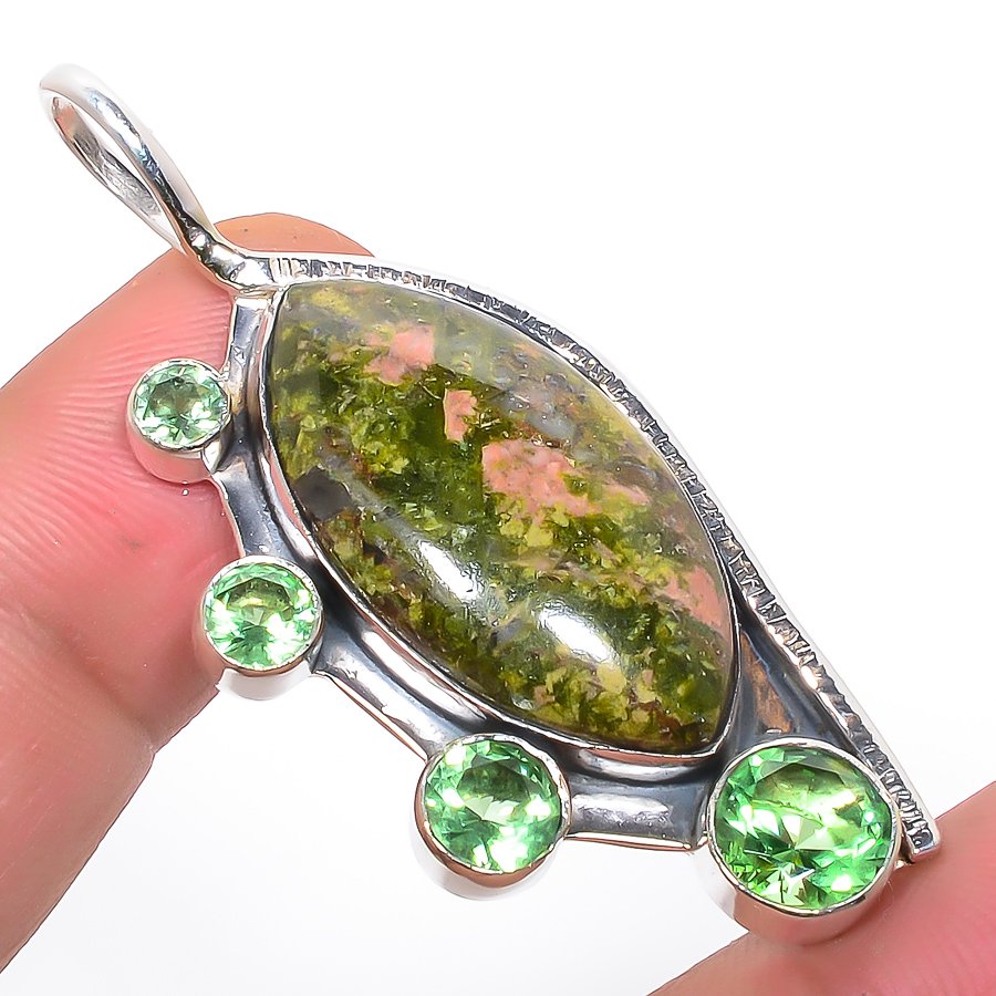 Unakite & Peridot 925 Sterling Silver Pendant, Handmade Pendant, Oval Pendant, Green Pendant, Unique Silver Pendant, Fine Pendant, Silver Jewelry Pendant