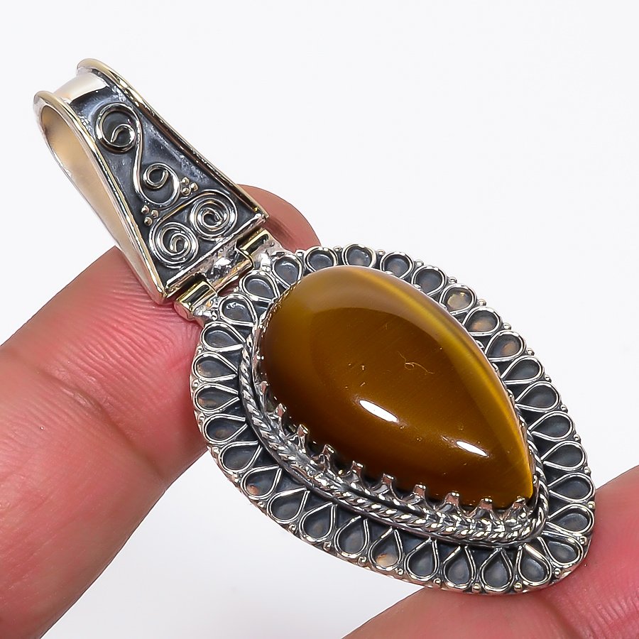 Yellow Tiger Eye 925 Sterling Silver Pendant, Handmade Pendant, Pear Pendant, Yellow Pendant, Unique Silver Pendant, Fine Pendant, Silver Jewelry Pendant