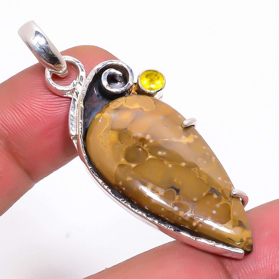 Polka Dot Jasper & Lemon Topaz 925 Sterling Silver Pendant, Handmade Pendant, Pear Pendant, Yellow Pendant, Unique Silver Pendant, Fine Pendant, Silver Jewelry Pendant