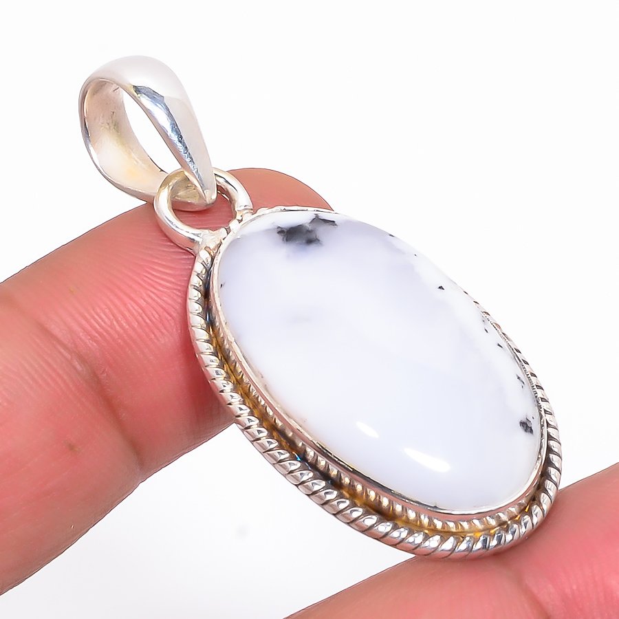 Dendritic Opal 925 Sterling Silver Pendant, Handmade Pendant, Oval Pendant, White Pendant, Unique Silver Pendant, Fine Pendant, Silver Jewelry Pendant