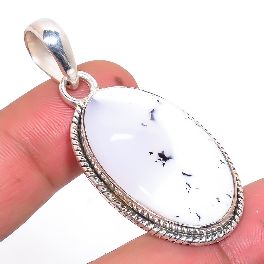 Dendritic Opal 925 Sterling Silver Pendant, Handmade Pendant, Oval Pendant, White Pendant, Unique Silver Pendant, Fine Pendant, Silver Jewelry Pendant