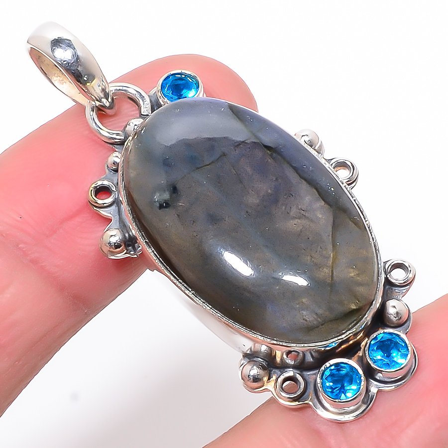 Labradorite & Blue Topaz 925 Sterling Silver Pendant, Handmade Pendant, Oval Pendant, Black Pendant, Unique Silver Pendant, Fine Pendant, Silver Jewelry Pendant