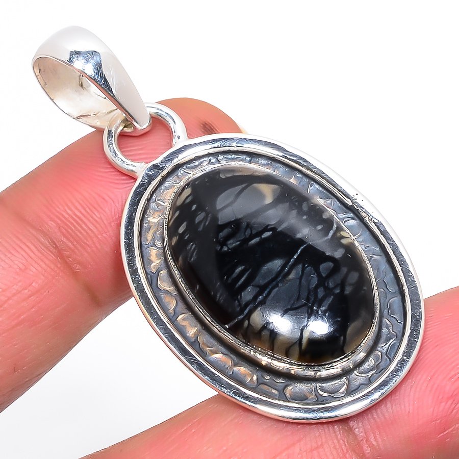 Picasso Jasper 925 Sterling Silver Pendant, Handmade Pendant, Oval Pendant, Black Pendant, Unique Silver Pendant, Fine Pendant, Silver Jewelry Pendant