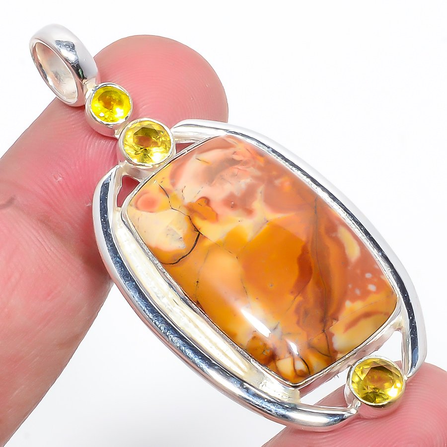 Bird Eye Jasper & Lemon Topaz 925 Sterling Silver Pendant, Handmade Pendant, Cushion Pendant, Yellow Pendant, Unique Silver Pendant, Fine Pendant, Silver Jewelry Pendant
