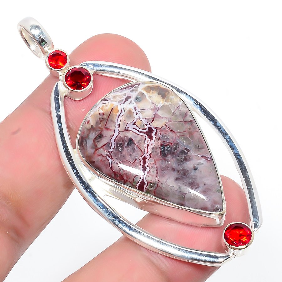 Carzy Lace Agate & Garnet 925 Sterling Silver Pendant, Handmade Pendant, Pear Pendant, Red Pendant, Unique Silver Pendant, Fine Pendant, Silver Jewelry Pendant