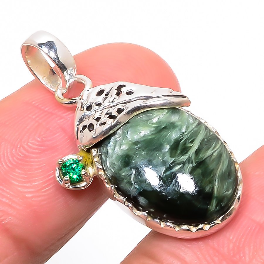 Seraphinite & Emerald Silver Leaf Pendant, Handmade Pendant, Oval Pendant, Green Pendant, Unique Silver Pendant, Fine Pendant, Silver Jewelry Pendant