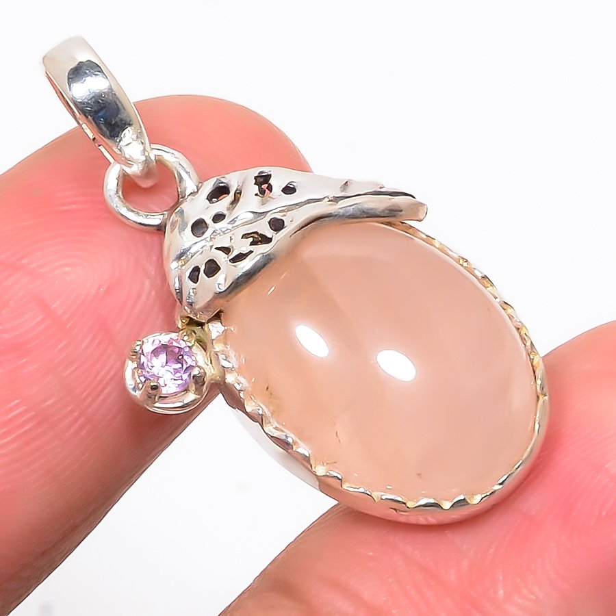 Rose Quartz & Kunzite Quartz Silver Leaf Pendant, Handmade Pendant, Oval Pendant, Pink Pendant, Unique Silver Pendant, Fine Pendant, Silver Jewelry Pendant