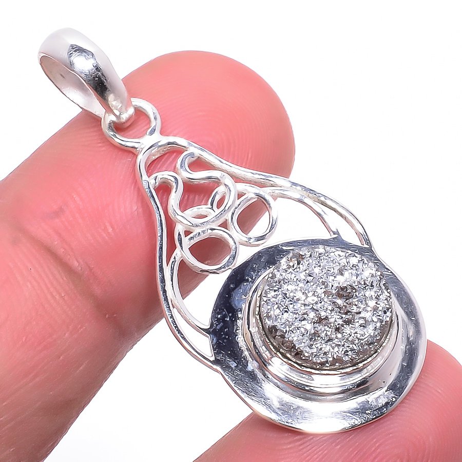 Silver Titanium Drusy 925 Sterling Silver Pendant, Handmade Pendant, Round Pendant, Black Pendant, Unique Silver Pendant, Fine Pendant, Silver Jewelry Pendant