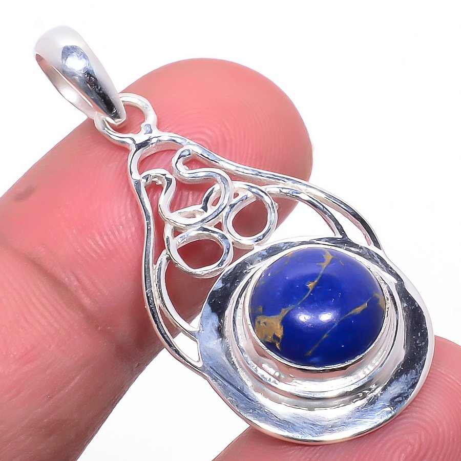 Copper Blue Turquoise 925 Sterling Silver Pendant, Handmade Pendant, Round Pendant, Blue Pendant, Unique Silver Pendant, Fine Pendant, Silver Jewelry Pendant