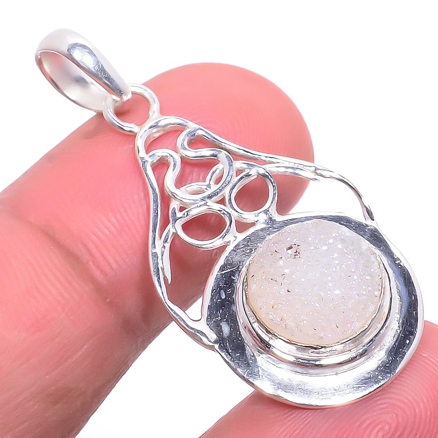 Opalite Opal Drusy 925 Sterling Silver Pendant, Handmade Pendant, Round Pendant, Silver Pendant, Unique Silver Pendant, Fine Pendant, Silver Jewelry Pendant
