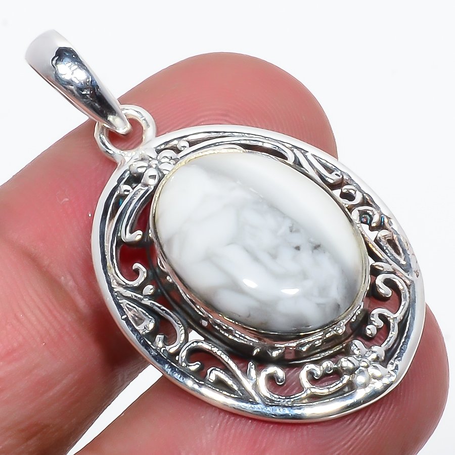 Howlite Jasper 925 Sterling Silver Pendant, Handmade Pendant, Oval Pendant, White Pendant, Unique Silver Pendant, Fine Pendant, Silver Jewelry Pendant