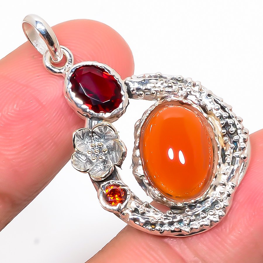 Carnelian & Garnet 925 Sterling Silver Pendant, Handmade Pendant, Oval Pendant, Red Pendant, Unique Silver Pendant, Fine Pendant, Silver Jewelry Pendant