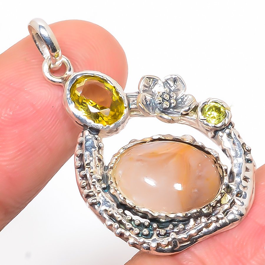 Botswana Lace Agate & Lemon Topaz 925 Sterling Silver Pendant, Handmade Pendant, Oval Pendant, Yellow Pendant, Unique Silver Pendant, Fine Pendant, Silver Jewelry Pendant