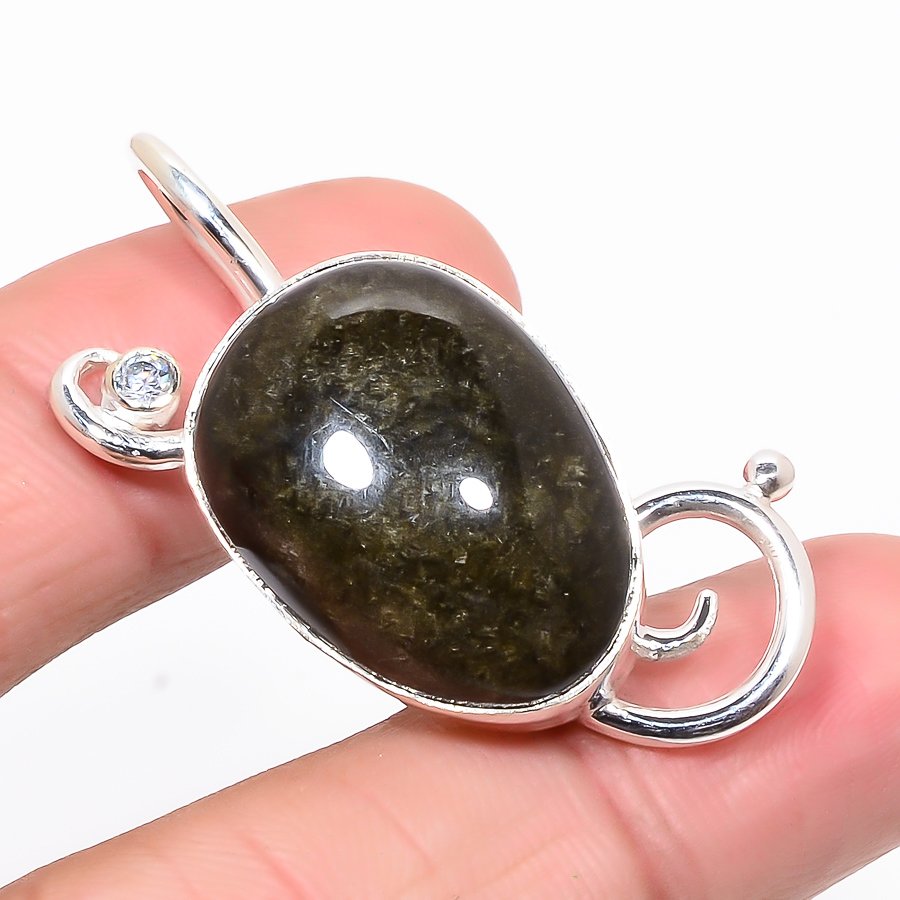 Golden Sheen Obsidian & White Topaz 925 Sterling Silver Pendant, Handmade Pendant, Pear Pendant, Golden Pendant, Unique Silver Pendant, Fine Pendant, Silver Jewelry Pendant