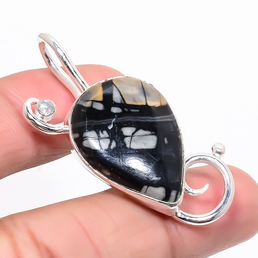 Picasso Jasper & White Topaz 925 Sterling Silver Pendant, Handmade Pendant, Pear Pendant, Black Pendant, Unique Silver Pendant, Fine Pendant, Silver Jewelry Pendant