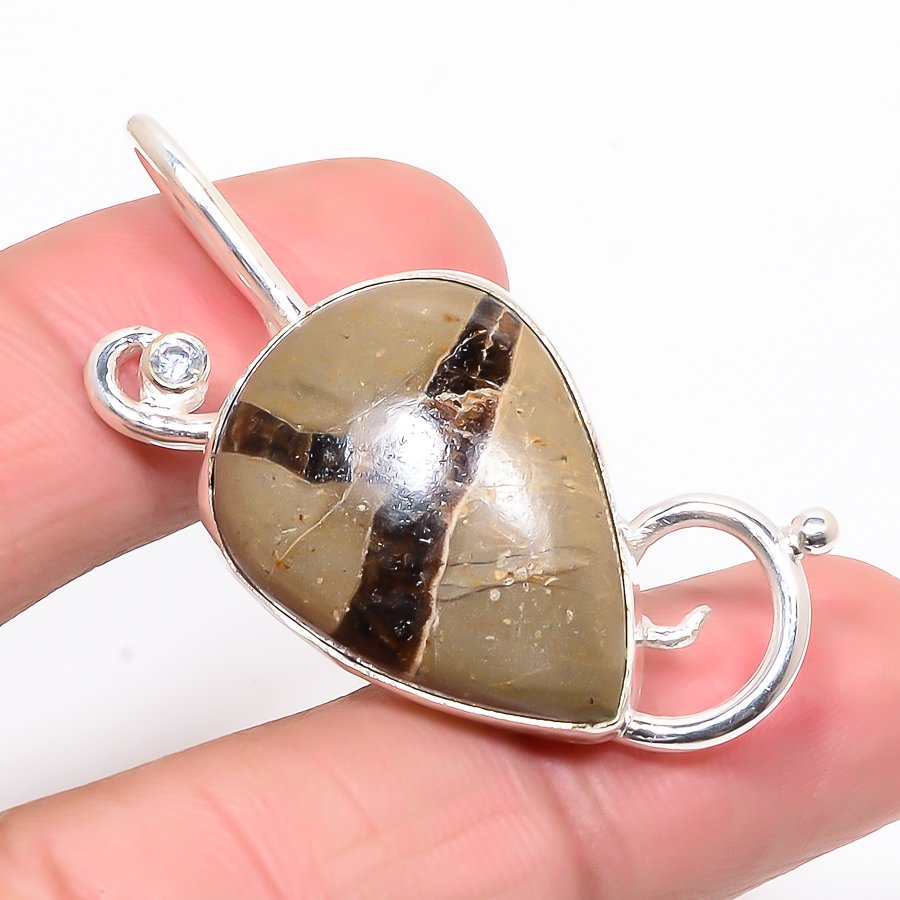 Septarian Stone & White Topaz 925 Sterling Silver Pendant, Handmade Pendant, Pear Pendant, Brown Pendant, Unique Silver Pendant, Fine Pendant, Silver Jewelry Pendant